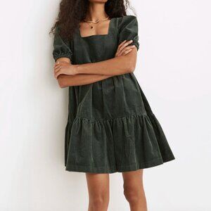 Madewell Aidy Corduroy Square-Neck Tiered Mini Dress Forest Green Size Small